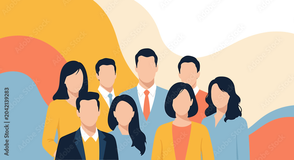 Fototapeta premium Digital workplace flat design illustration of diverse people standing together