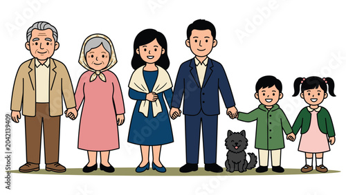 Bilde på lerret Happy multi generation family standing together holding hands in flat cartoon drawing