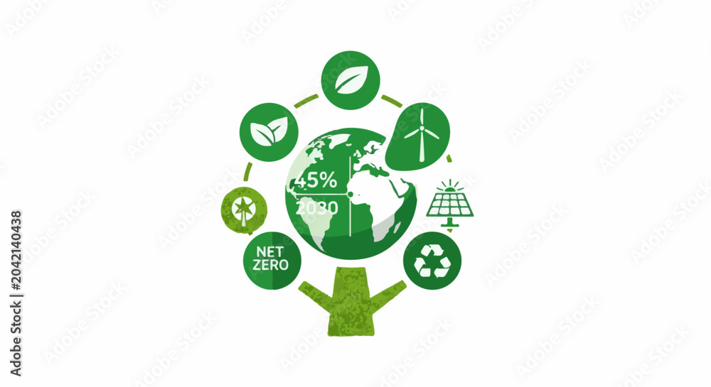 Fototapeta premium Earth with surrounding icons representing renewable energy and sustainability goals