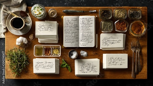 Top view culinary workspace with handwritten recipe cards, herbs and spices representing food preparation and recipe development