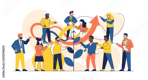 A diverse group of people collaborating in a digital workplace with a flat design concept