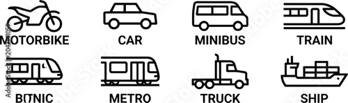 Photos Minimalist outline vehicle icon set featuring motorbike car minibus train truck