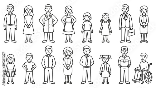 Obraz na płótnie Group of diverse people in casual and professional attire standing as outline vector icons