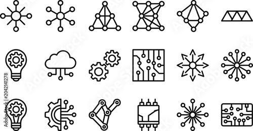 Bild auf Leinwand Minimalist outline tech icon set featuring data networks cloud computing circuit