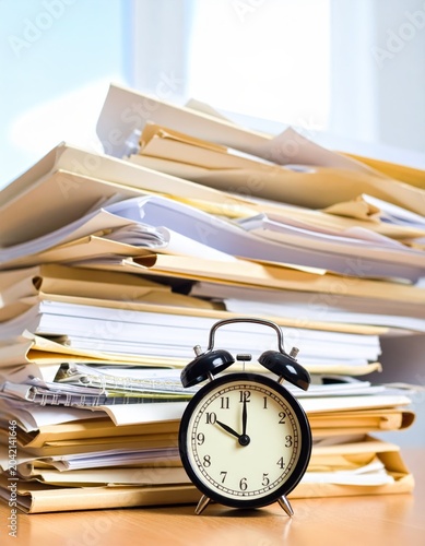 Alarm clock beside stack of paper files, office paperwork, deadline concept, time management, business workflow