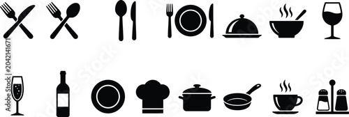black and white icons of restaurant table setting and kitchen utensils