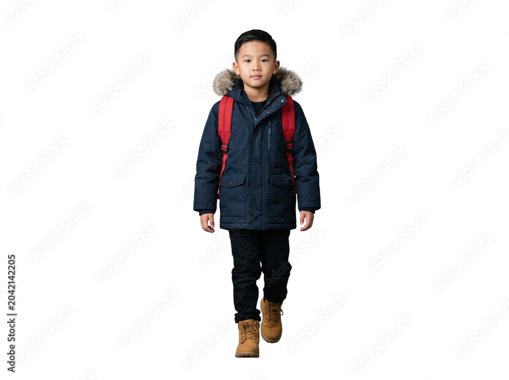 Fototapeta premium Cute young Asian boy walking forward wearing a navy winter parka