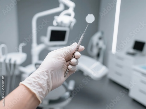 Gloved hand holding dental mirror in modern clinic, treatment chair and monitor, dentist equipment, oral care, medical office