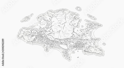 Intricate hand-drawn map details diverse terrain with coastal features