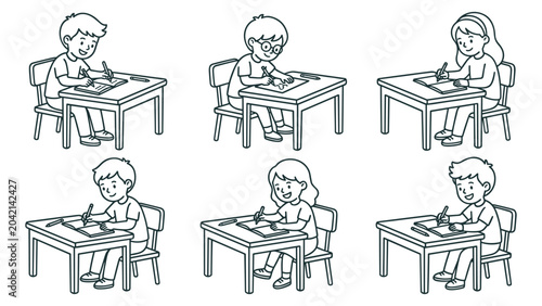 Quadro su tela Students sitting at desks writing in notebooks set of children doing schoolwork drawing