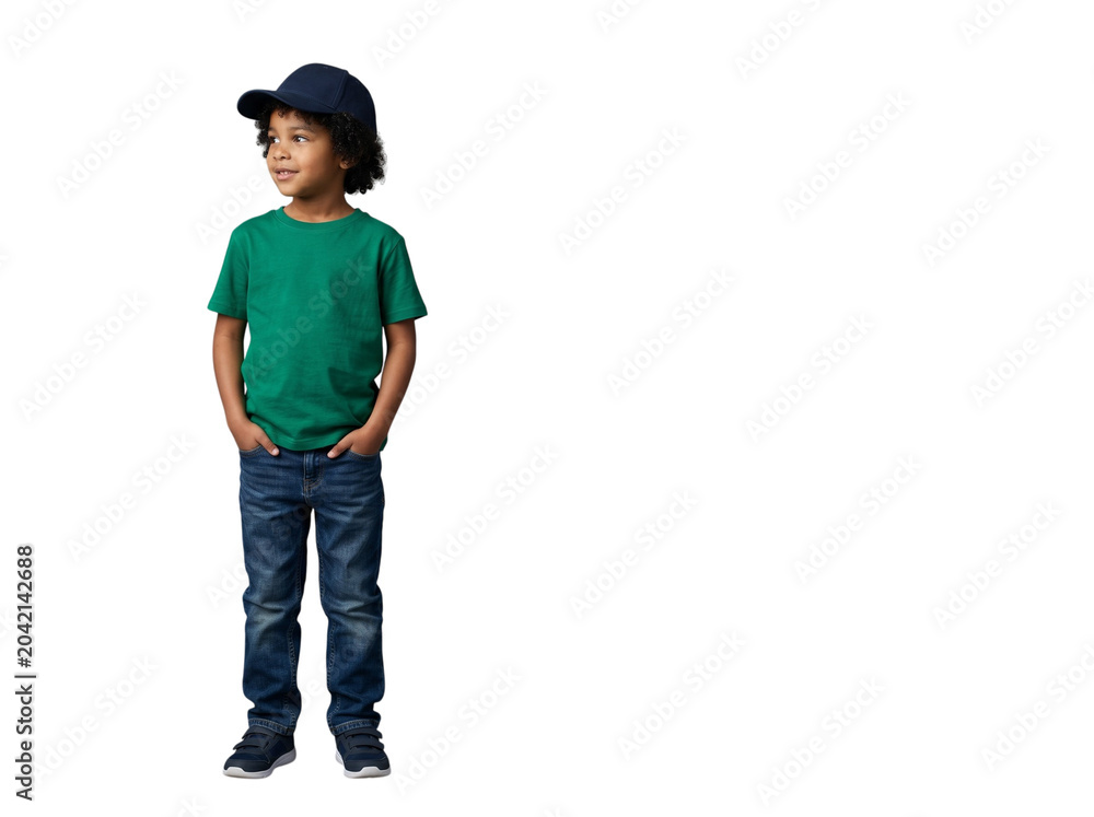 Fototapeta premium Full body of a cute African American boy in green t shirt and cap