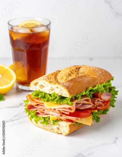 Ham sandwich with iced tea, lettuce, tomato, cheese and lemon slice on white marble