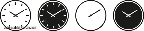 Four simple black and white clock faces with different times