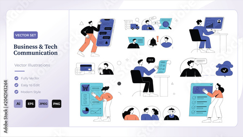 Business and tech communication vector illustrations set