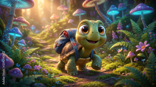 Cute 3D Animated Tortoise Character with a Backpack in a Magical Forest