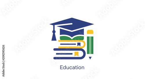 Graduation cap atop books, next to a pencil, representing learning