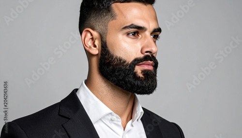 Wellgroomed Man with Trimmed Beard and Suit Looking Confidently to the Side