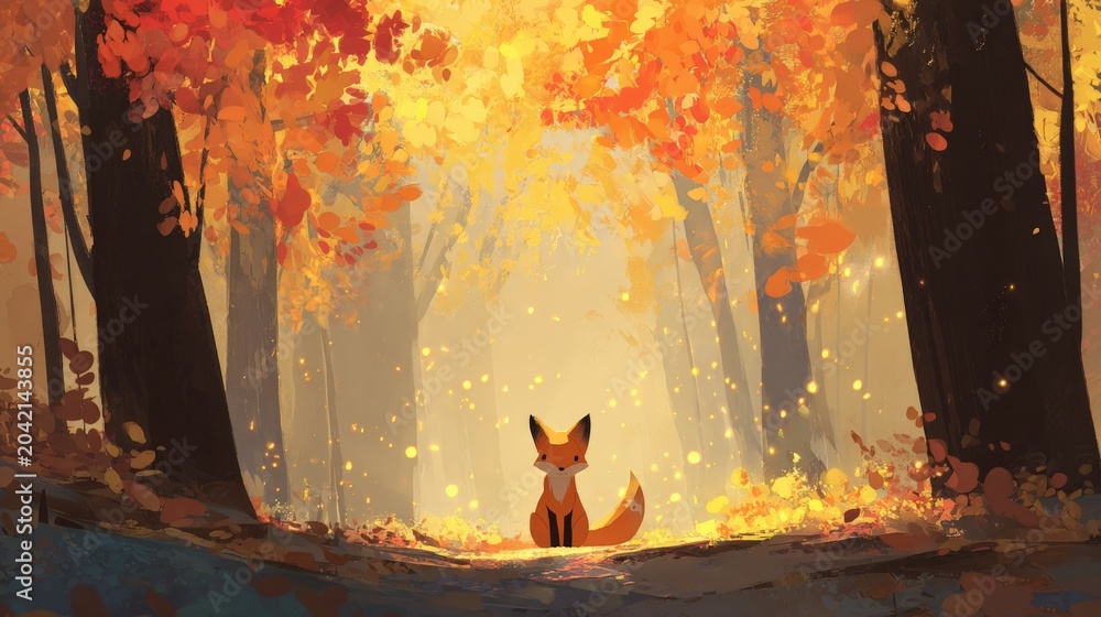 Naklejka premium Enchanting Autumn Forest Scene with a Cute Fox in Golden Light