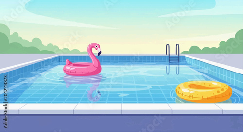 A pink flamingo float and a yellow ring in a swimming pool.
