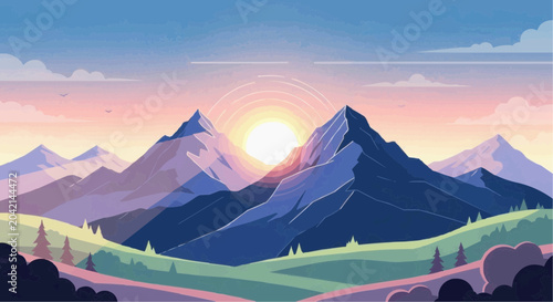 Sunrise over a serene mountain landscape.