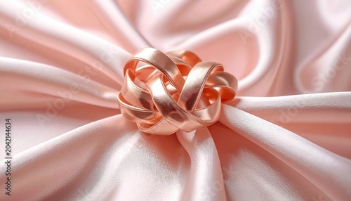Polished rose gold ribbon knot intricately woven on soft pink silk fabric