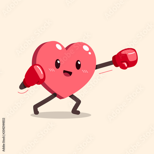 Cute heart character throwing a straight punch with boxing gloves cartoon vector illustration