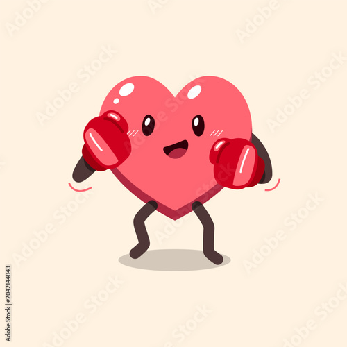 Cute heart character in boxing fighting stance cartoon vector illustration