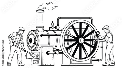 Tableau sur toile Old steam engine machine with workers in vintage style, industrial revolution illustration