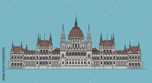 Budapest Parliament Building Facade Outline Illustration