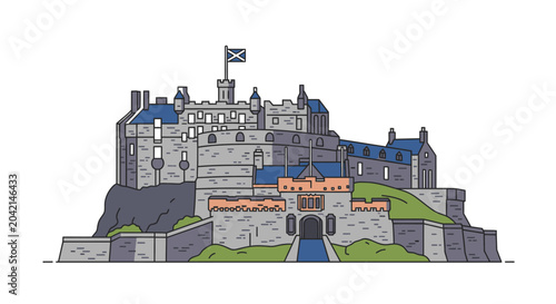 Foto Edinburgh Castle illustration, Scotland landmark, flat design, Scottish flag on