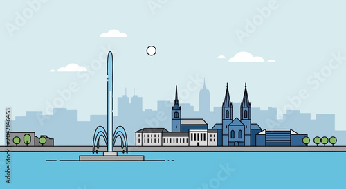 Geneva Skyline with Jet d'Eau Fountain and Cathedral, Flat Design