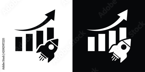 Fotografie Business bar chart icon featuring an upward trend line and a launching rocket, capturing rapid financial scaling, market expansion, and aggressive corporate growth strategies