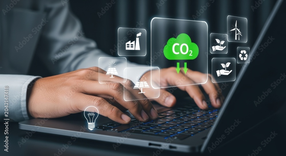 Naklejka premium Businessman working on laptop with eco-friendly technology icons, symbolizing sustainability and carbon reduction