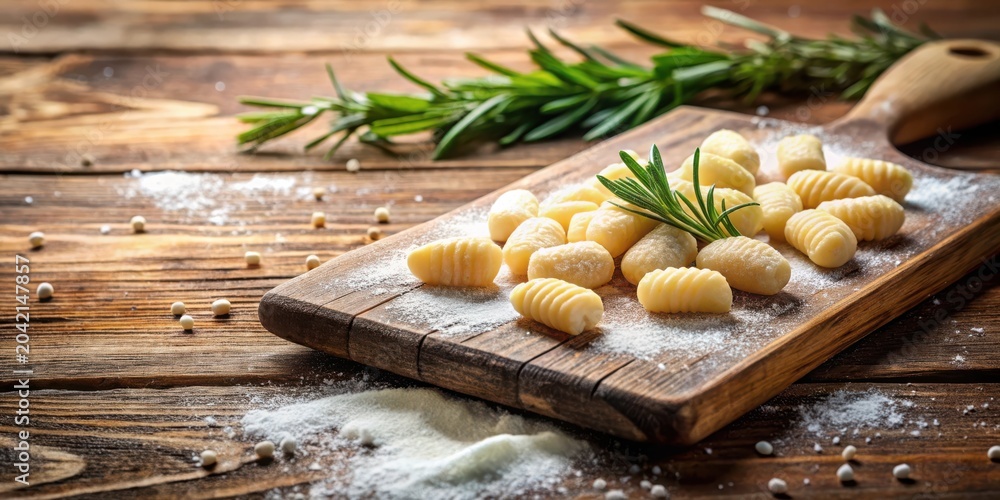 Fototapeta premium Rustic Wooden Board Featuring Delicate Potato Dumplings with Fresh Herb Garnish
