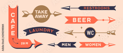 Wayfinding arrows. Directional signs collection. Vintage arrow set, banners with inscription. Design elements in retro style, navigation sign, signboard arrows pack, signage. Vector Illustration