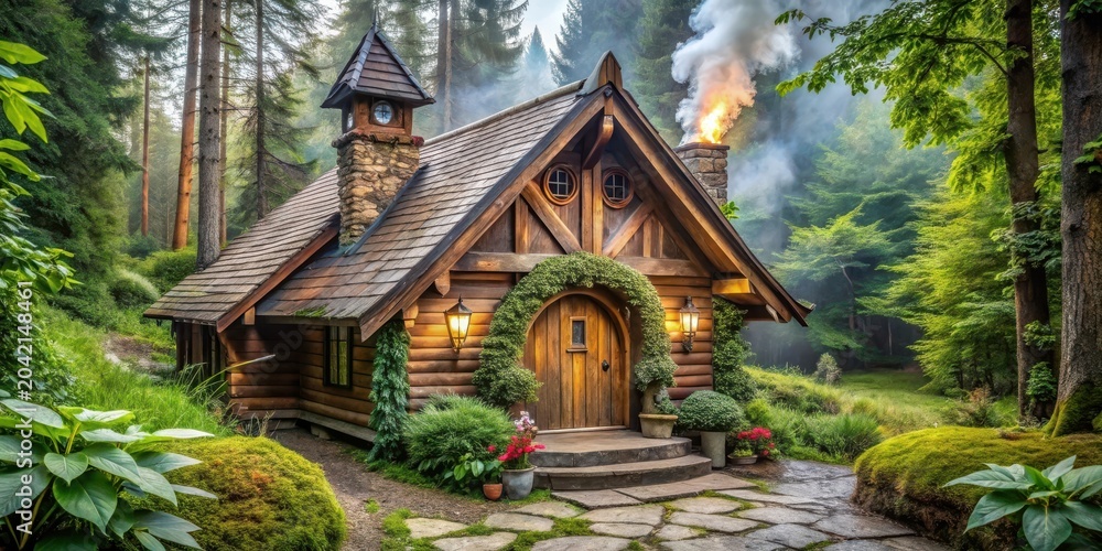 Fototapeta premium Enchanted Wooden Cabin Nestled Deep Within a Lush Forest, Smoke Rising from its Chimney, Creating a Magical Atmosphere