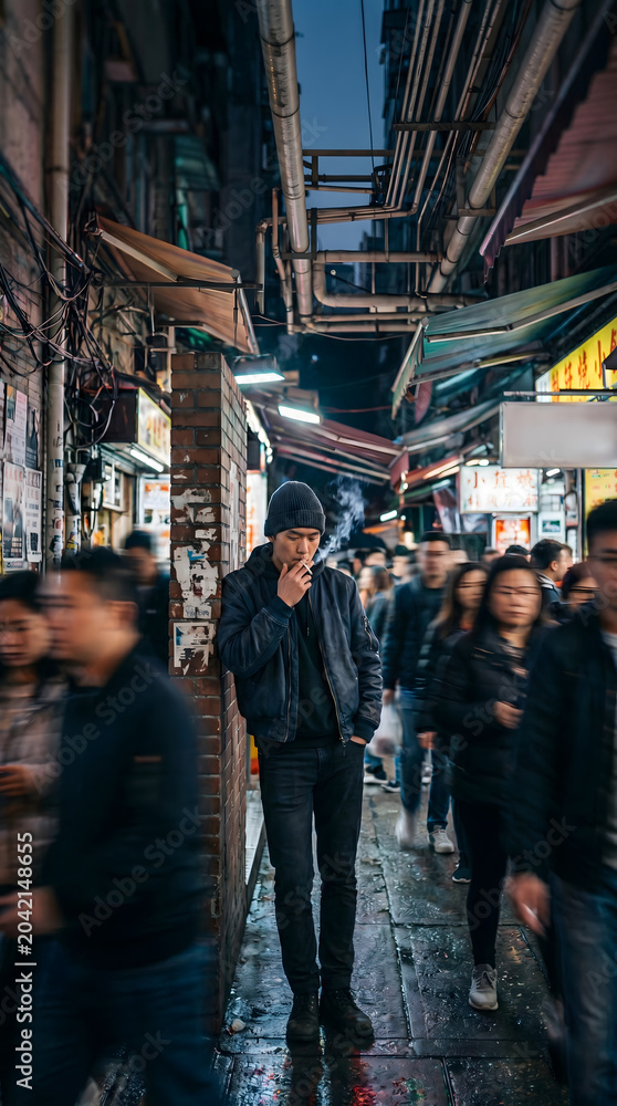 Naklejka premium Lone man smoking in a crowded, neon-lit narrow night market alley.