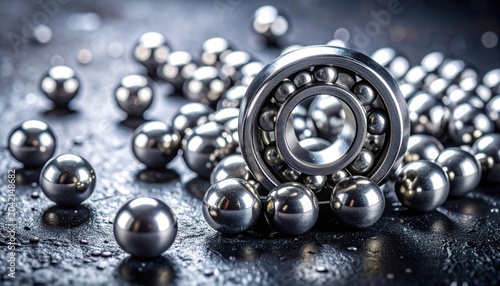 Close-up view of a shiny metal ball bearing surrounded by numerous small silver balls