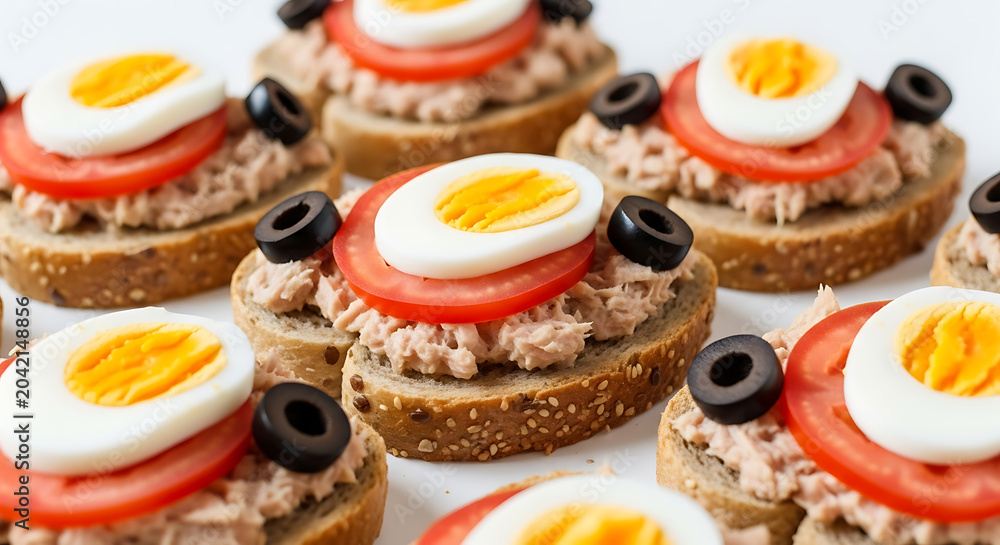 Fototapeta premium Gourmet Mediterranean Tuna Toast Open Sandwich on Whole Grain Bread Featuring Sliced Boiled Egg Cherry Tomato and Black Olive on Clean White Background Healthy Nutritional Breakfast Food