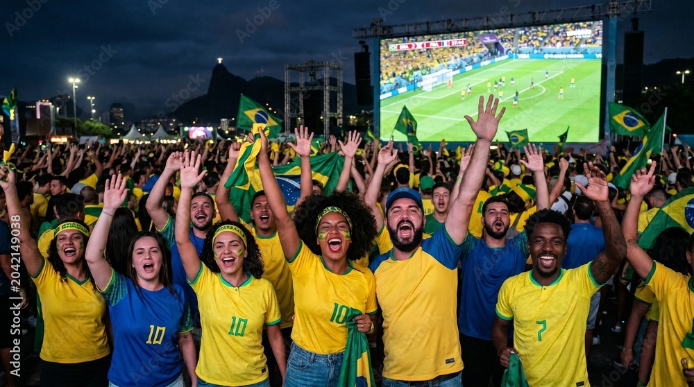 Naklejka premium Brazilian fans cheer watching soccer match on large screen outdoors at night