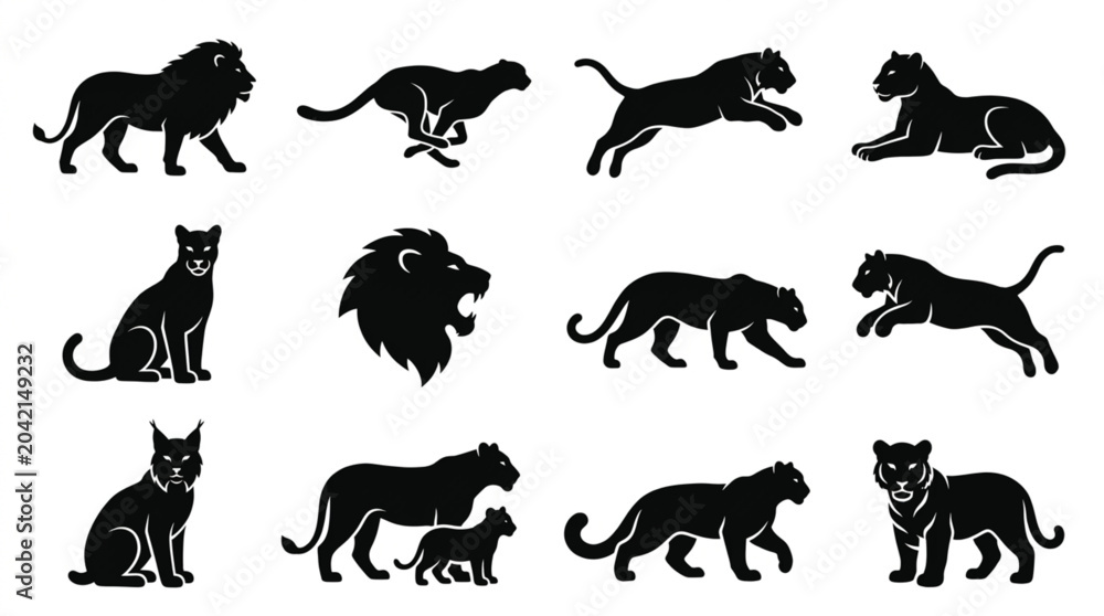 Obraz premium Black Silhouettes Of Big Cats In Various Poses.