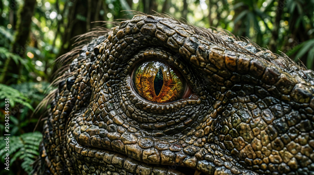 Fototapeta premium Macro extreme close up of realistic dinosaur eye in green jungle