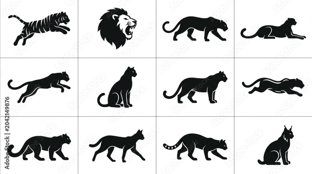 Obraz premium Black Silhouettes Of Various Big Cats.
