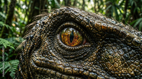 Macro extreme close up of realistic dinosaur eye in green jungle
