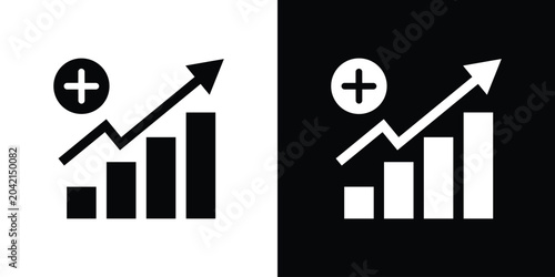 Konstfotografi Minimalist business bar chart icon featuring an upward trending arrow and a plus sign emblem, symbolizing value addition, positive growth, profit margins, and financial accumulation