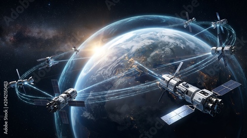 Satellites orbiting Earth in space with missile defense network