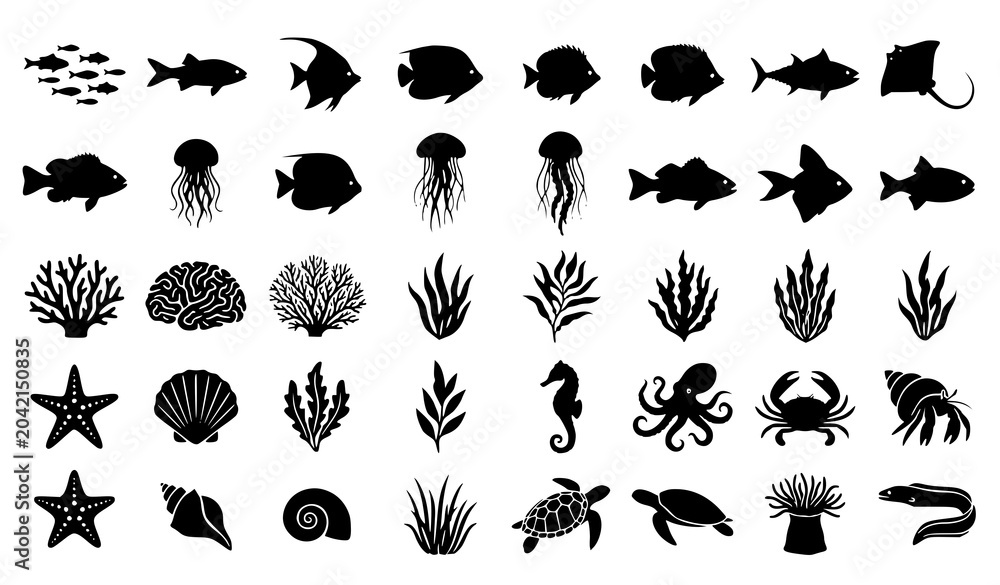 Fototapeta premium Black and white underwater silhouette vector set with marine life and ocean elements isolated on white background