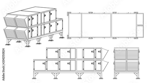 Bild auf Leinwand Air Handling AHU - technical drawing, Front, Side and Top view