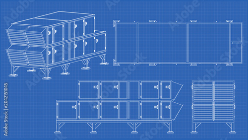 Fotografie AHU Air Handling - Blueprint technical drawing, Front, Side and Top view