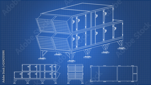 Quadro su tela AHU Air Handling - Blueprint technical drawing, Front, Side and Top view